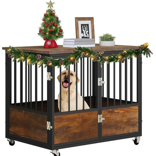Rustic Heavy Duty Dog Crate Furniture with Wheels, Double-Do Metal Dog Kennel Indoor or Small Medium Dogs, Decorative Dog House