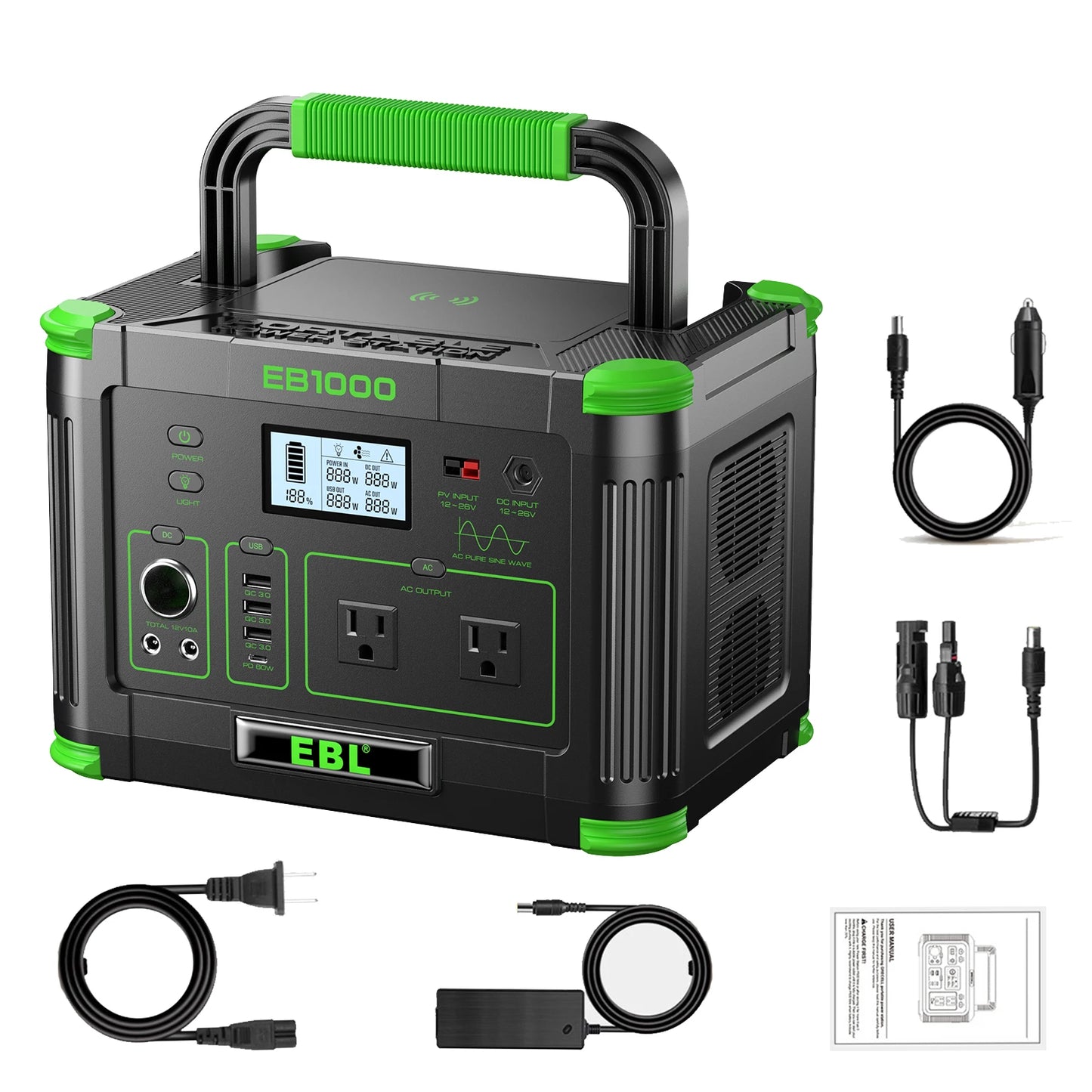 Portable Solar Generator 1000W Power Station Wireless Charging 110V Pure Sine Wave AC Outlet with PD 60W Fast Charge Battery