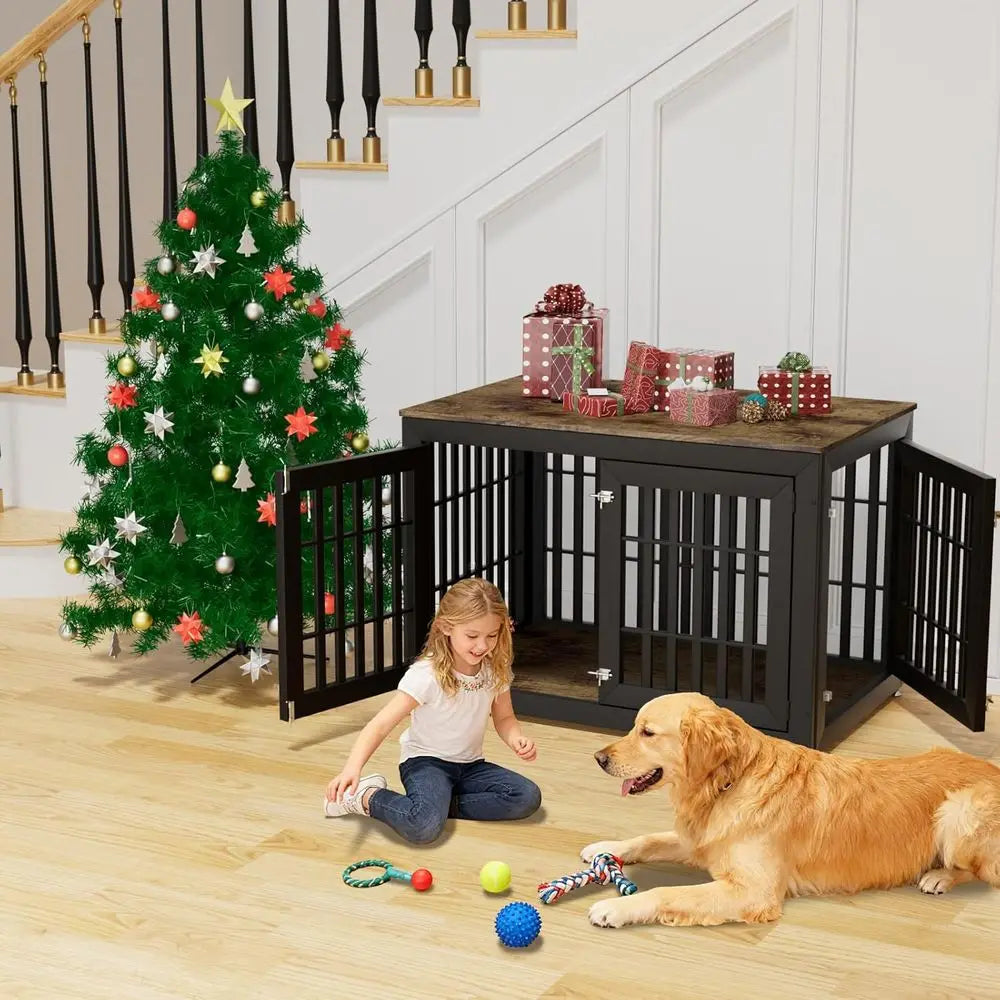 Rustic Brown & Black Decorative Wooden Dog Crate End Table with Waterproof Top for Large Dogs