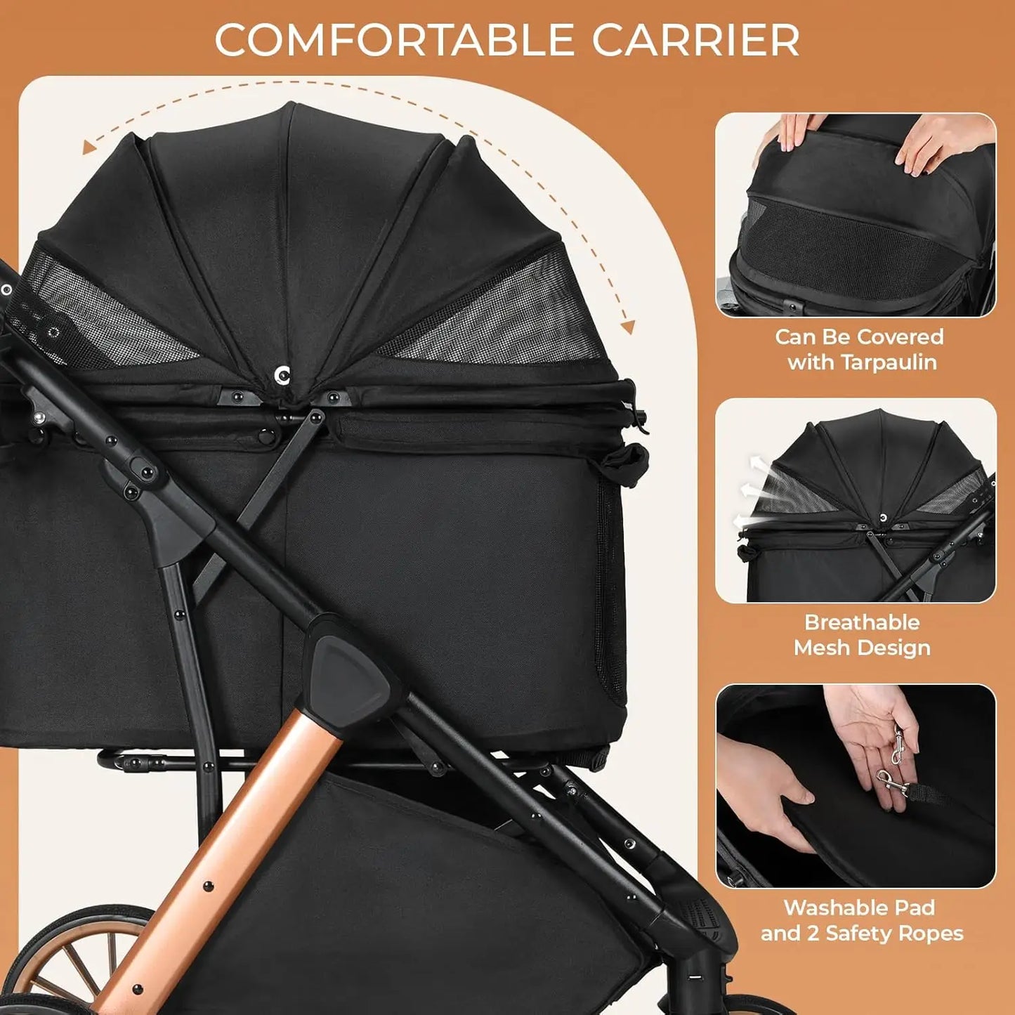 Foldable Pet Stroller for Medium Dog Cat, Pet Travel Carrier, Adjustable Handle with Sun Shade, Shock Absorbers, All-Terrain