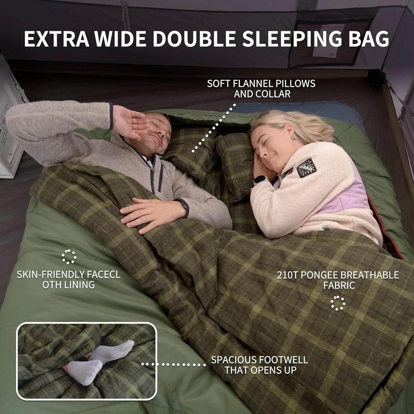 Flannel Sleeping Bag Two Person with Pillows for Adults Couples All Seasons Camping Hiking Backpacking Sleeping Bag