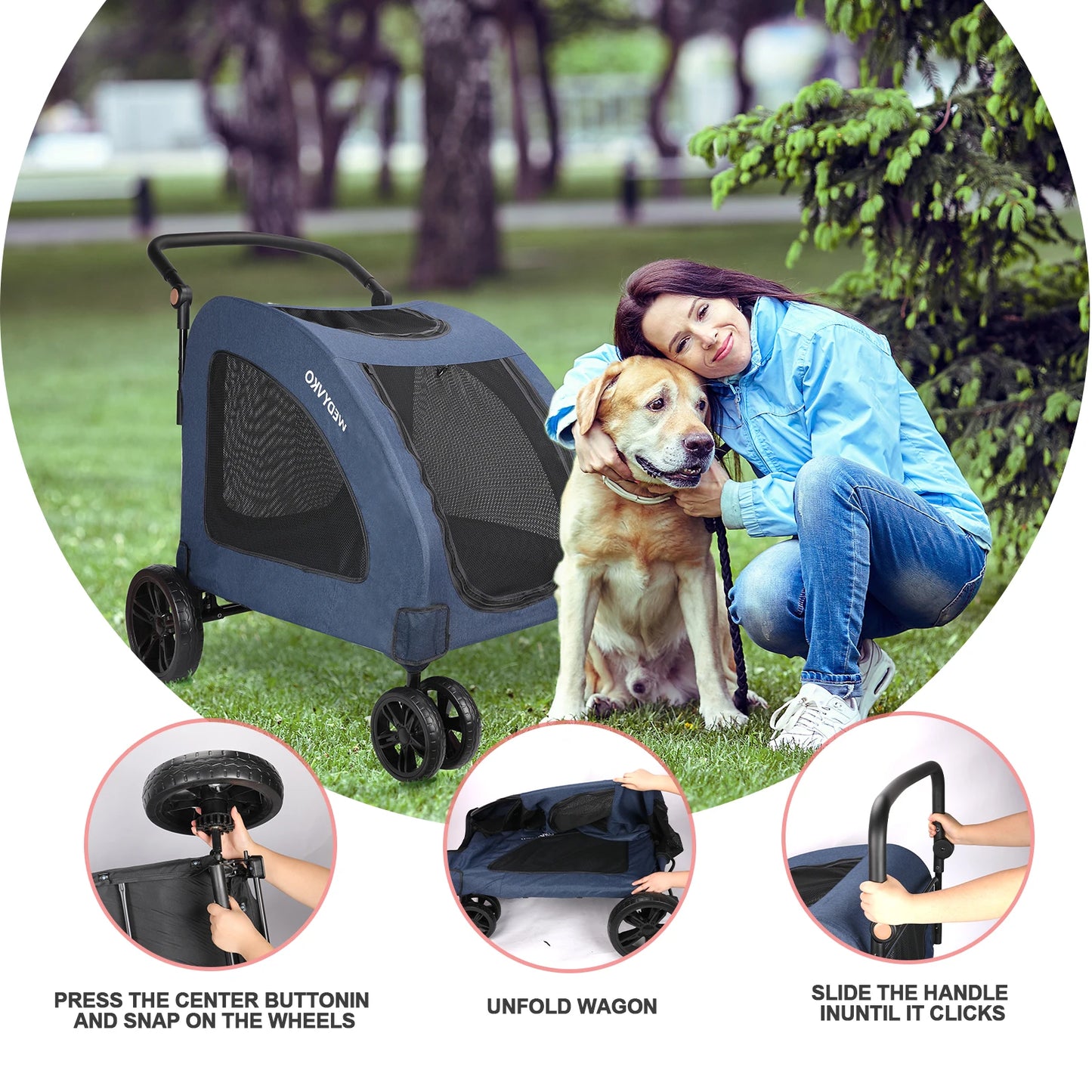 Heavy-Duty Dog Stroller for Large Dogs up to 120 lbs, Foldable Pet Wagon with 360° Wheels, All-Round Ventilation, Front & Rear Z