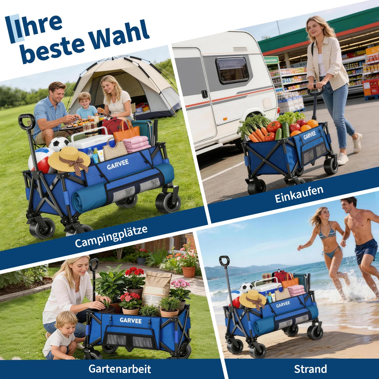 Outdoor Camping Cart with 8 Inch Wheels/Adjustable Handle 600D Oxford Cloth Foldable All Terrain Trolley Wagon for Picnic Garden