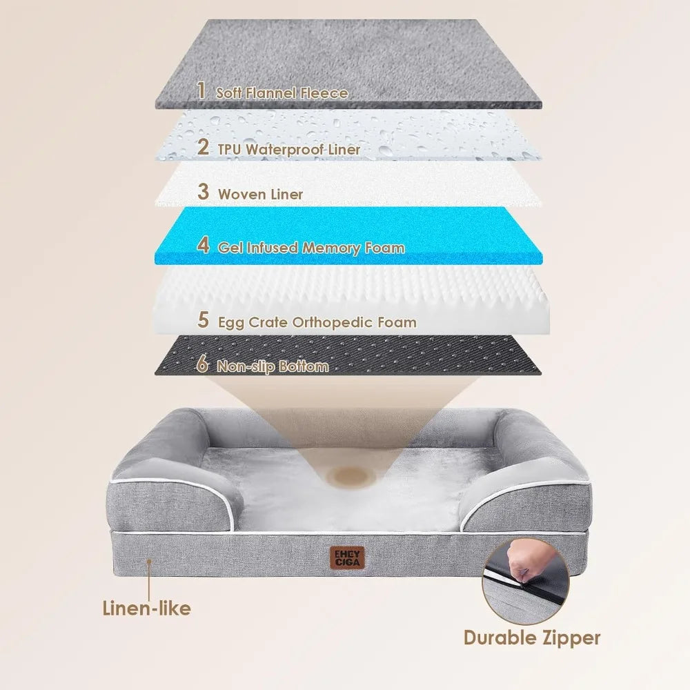 Orthopedic Dog Bed for Extra Large Dogs 44x32in, Waterproof Memory Foam XL Pet Couch with Bolsters, Washable Cover, Grey