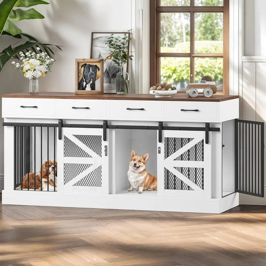 71 Heavy-Duty Indoor Wooden Dog Crate for 1-2 Dogs, Removable Divider & Storage Drawers - Multifunctional Pet Furniture, TV Stand