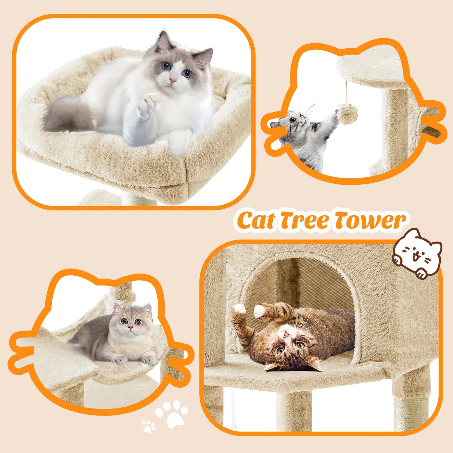44IN Cat Tree Tower, Cat Climbing Tower with Natural Sisal Scratching Posts, Pet Condo for Indoor Cats and Kittens Play