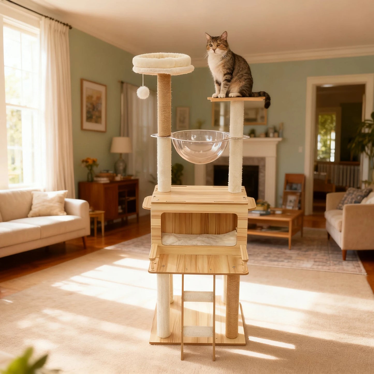 White+Wood Cat Tree for Indoor Cats - 50cm x 50cm x 147cm Cat Scratching Climbing Tower, Floor Mount, 12.83kg Net Weight