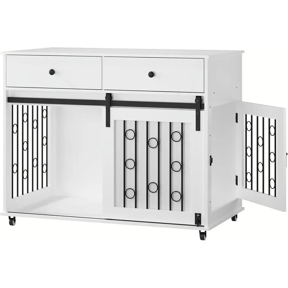 Indoor Dog Crate Furniture with Sliding Door, Lockable Wheels, and Metal Bars for Small to Medium Dogs