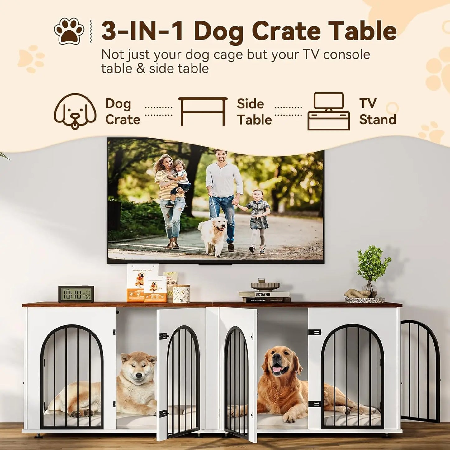 Dog Crate Furniture for 2 Dogs, 71" Dog Kennel Indoor with Cushions, XXL Wooden Dog Crates TV Stand with Removable Divider