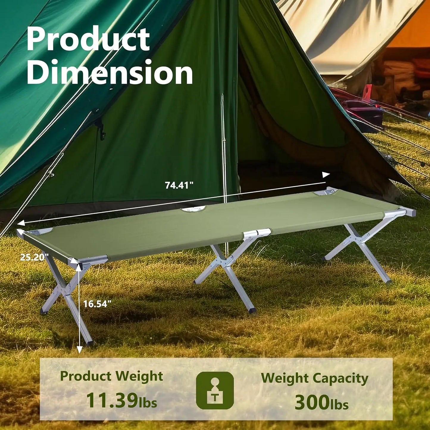 25" Wide Folding Camping Cot with Carry Bag for Adults, Heavy Duty 330lbs Capacity, Instant Setup Portable Travel Bed, Compact Lightweight for Camping Guest Backyard Office