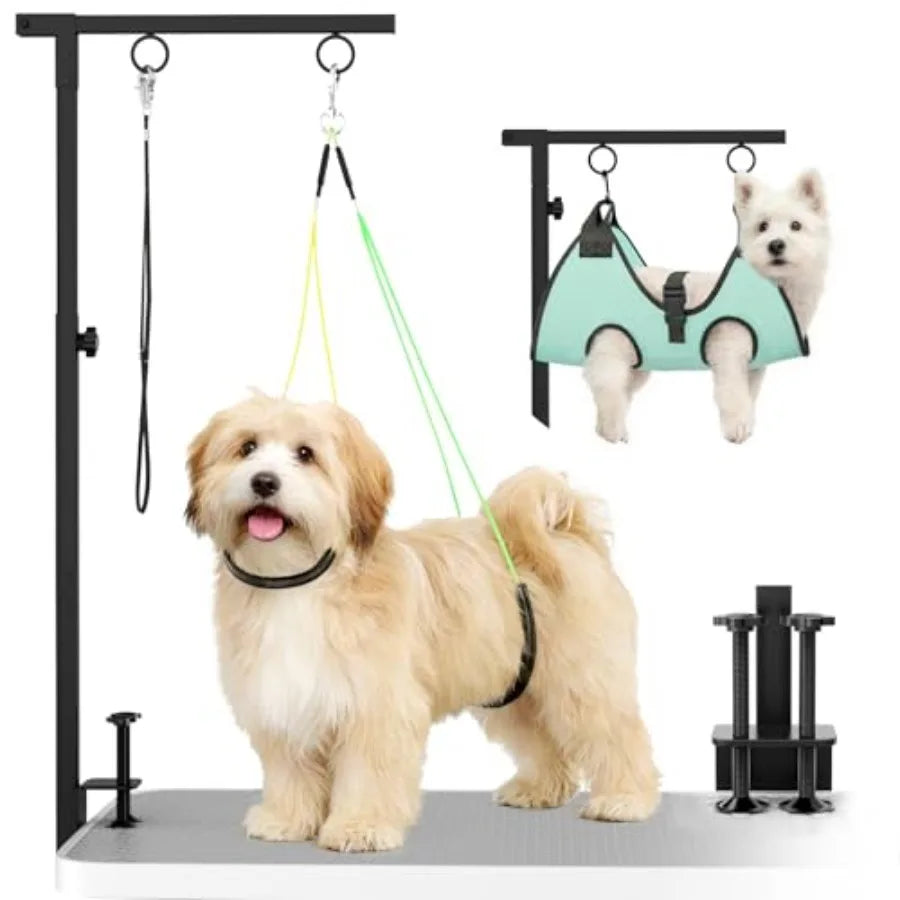 Dog Grooming Table Arm, 31.5"-43.3" Adjustable Pet Stand with Hammock and Clips 3-in-1 Grooming Kit for Nail Trimming, Haircut