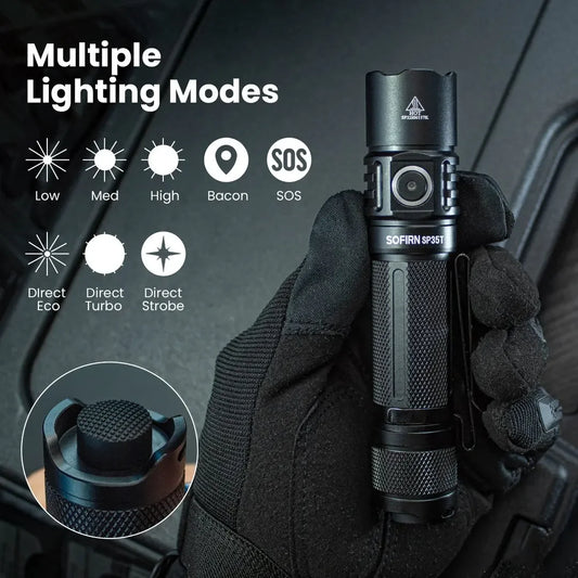 SP35T 3800lm Tactical 21700 Flashlight Powerful LED Light, USB-C Rechargeable Torch with Dual Switch Power Indicator ATR