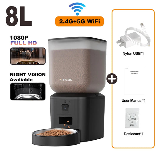 8L Automatic Cat Feeder With 1080p Camera Video 5G WiFi Night Vision Cat Food Dispenser Smart APP Pet Auto Feeder