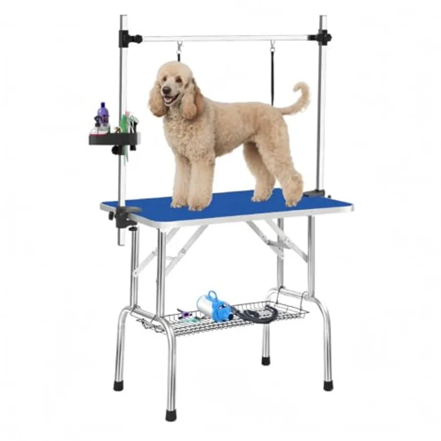 36" Stainless Steel Dog Grooming Table Foldable Pet Grooming Stand with Adjustable Arm 2 Nooses 2 Storage Baskets Anti-Slip