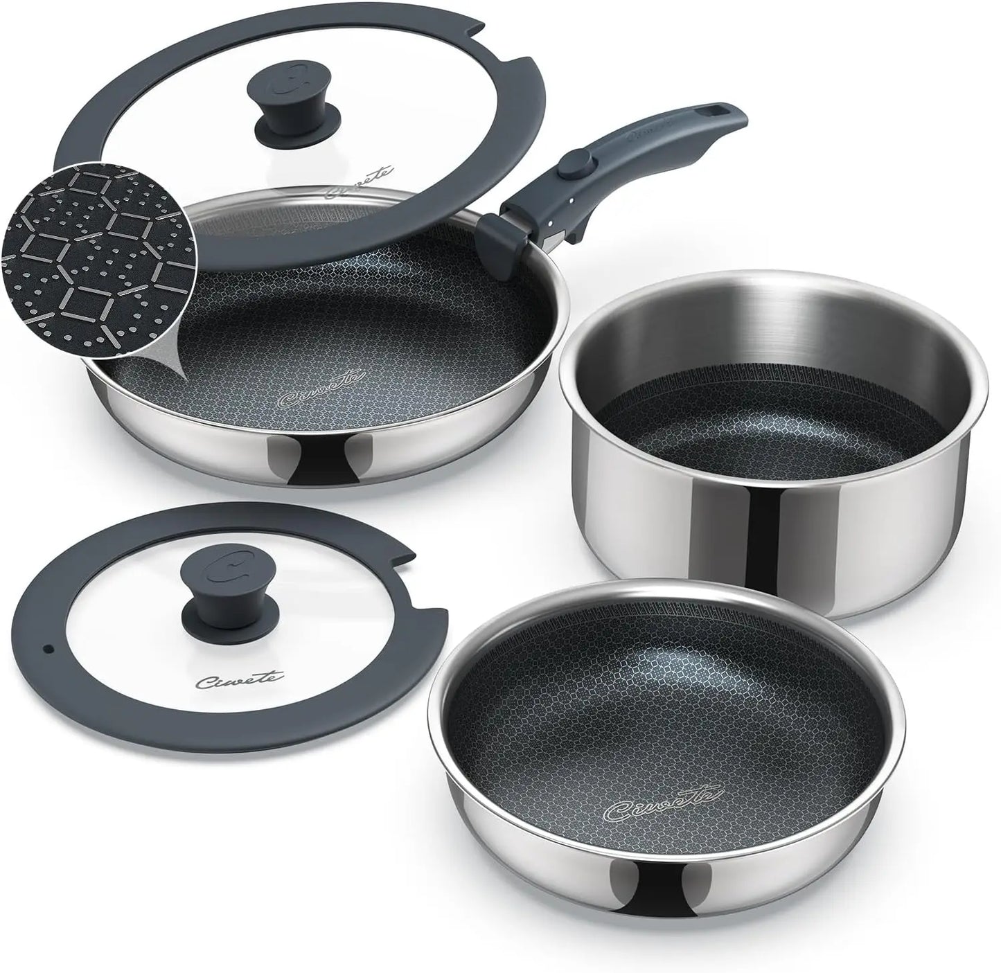 6-Piece Hybrid Stainless Steel Pots and Pans Set Non Stick, Tri-Ply Stainless Steel Cookware Set with Lids and Detachable Handle