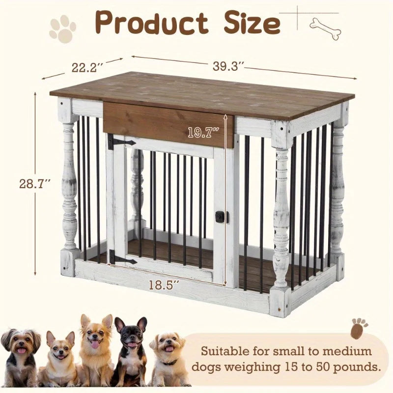 39" Wood Dog Crate End Table for Small & Medium Dogs, Elegant Indoor Kennel Furniture with Roman Column Design, White
