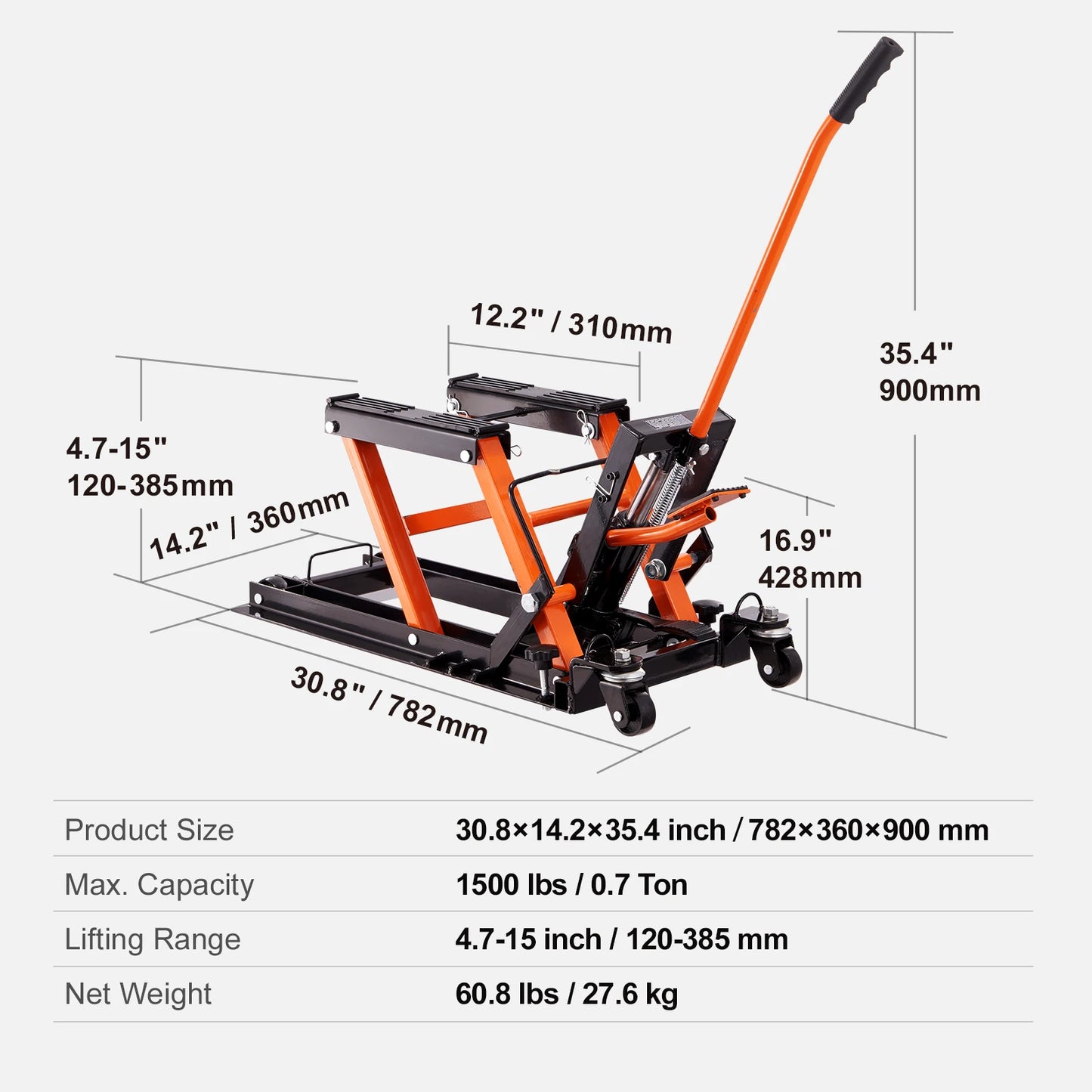 1500 LBS Steel Hydraulic Motorcycle Jack Stand ATV Scissor Lift Jack Scissor Lift Jack Stand with 4 Wheels for ATV UTVs