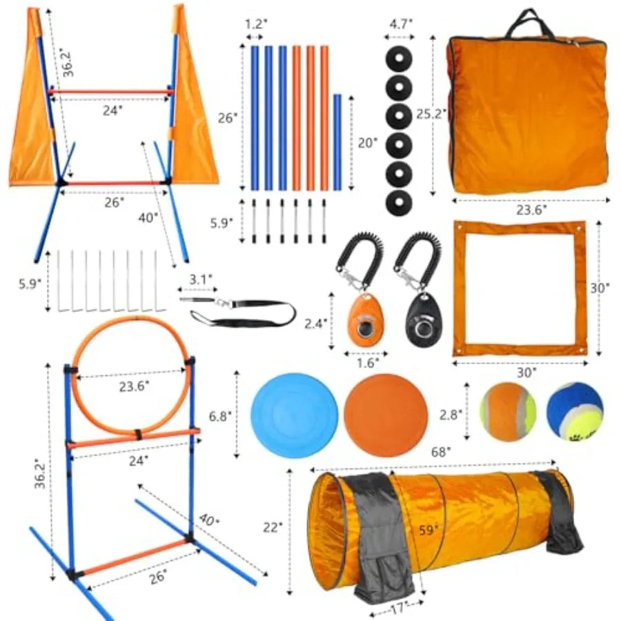 Premium Dog Agility Training Set Outdoor Indoor Game, Tire Jump + Hurdle Jump, Tunnel, Weave Poles, Pause, 2 Toy Balls, 2 Discs