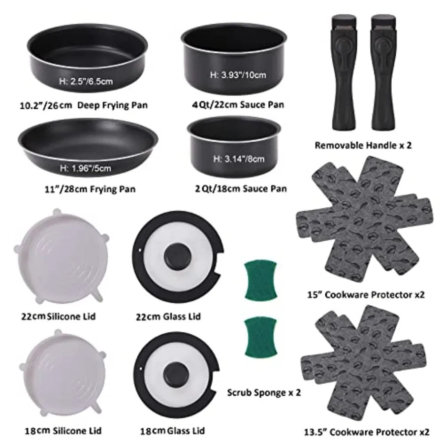16 Pieces Kitchen Removable Handle Cookware Sets, Stackable Pots and Pans Set Nonstick for Induction, Gas, RVs, Camping Space Saving