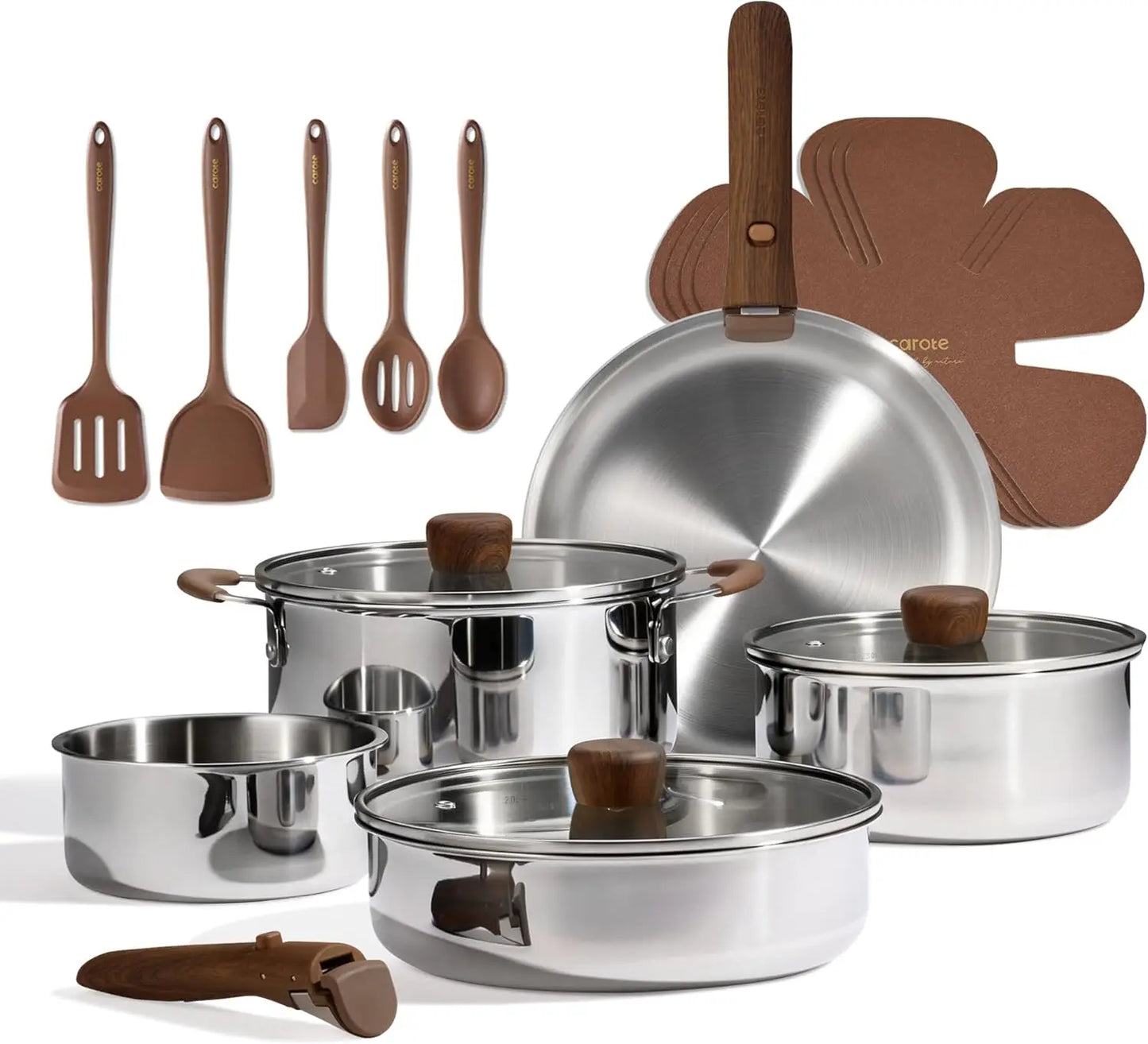 19pcs Stainless Steel Cookware Set with Detachable Handle, Pots and Pans Set, Induction Kitchen Cooking Sets, RV/Camping Cookware