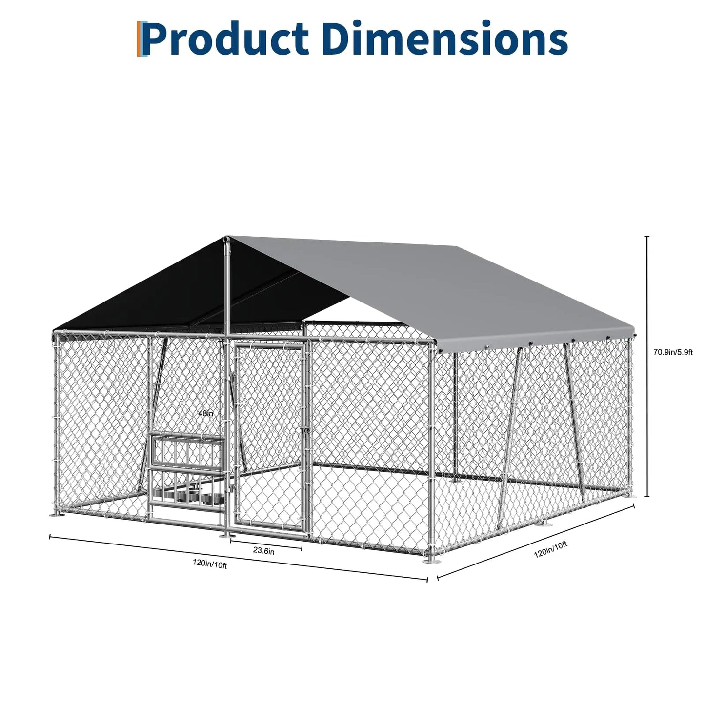 10 x 10 x 5.9FT Outside Dog Enclosure With PE Waterproof Roof, 360° Feeding Door, Heavy Duty Lockable Galvanized Kennel