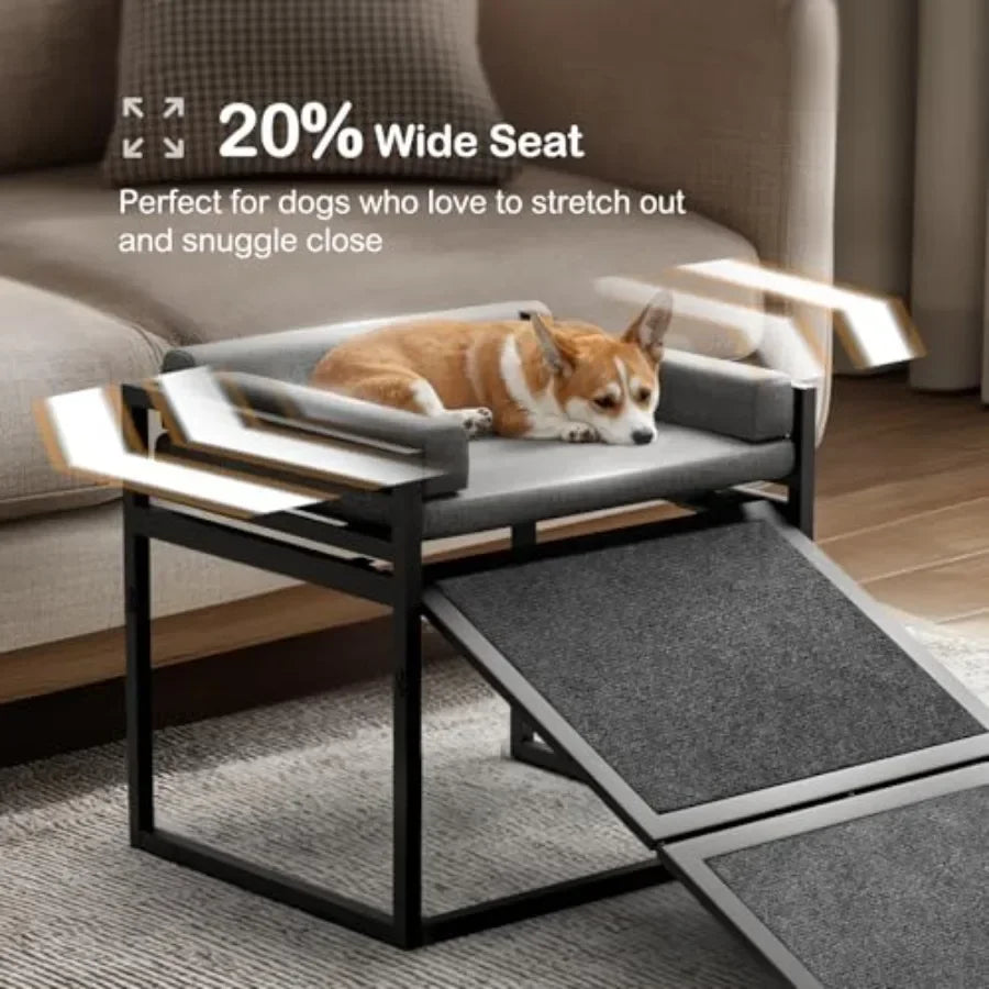 Non-Slip Dog Ramp With Extra-Wide Grey Seat, Metal Frame, Washable Cushion, for High Beds/ Couches/ Office; Ideal for Dachshunds,