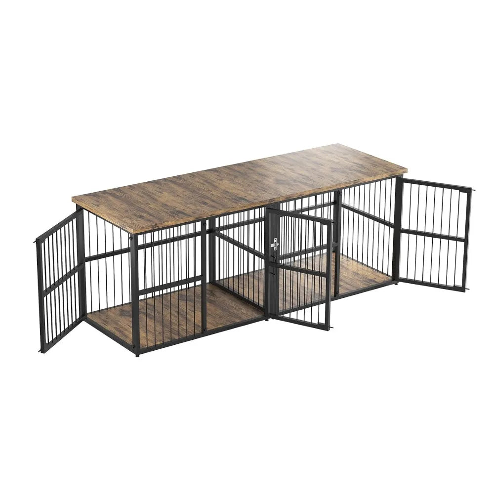 87 Inch Extra Large Double Dog Crate Furniture with Divider 3 Doors Heavy Duty Wooden Indoor Dog Kennel Cabinet TV Stand for 2 Dogs Lockable Pet House with Storage Table