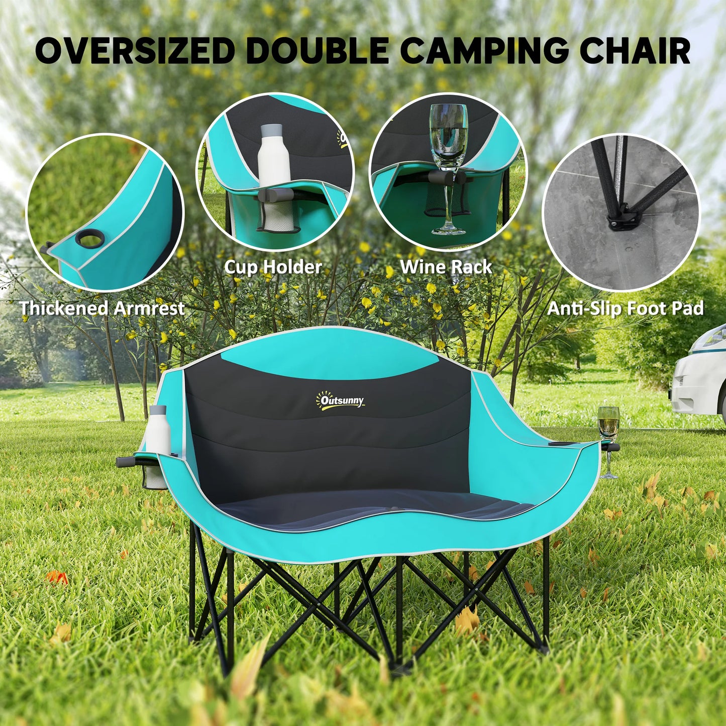 Double Camping Chair for Adults, Padded Folding Camp Chair, Green