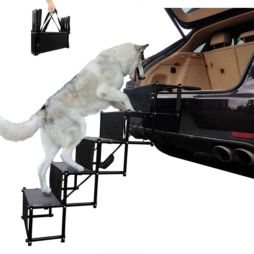 5 Steps Foldable Portable Dog Steps with Nonslip Surface Dog Car Ramp for Large Dog Support Up To 150 Lbs for Cars and SUV Truck