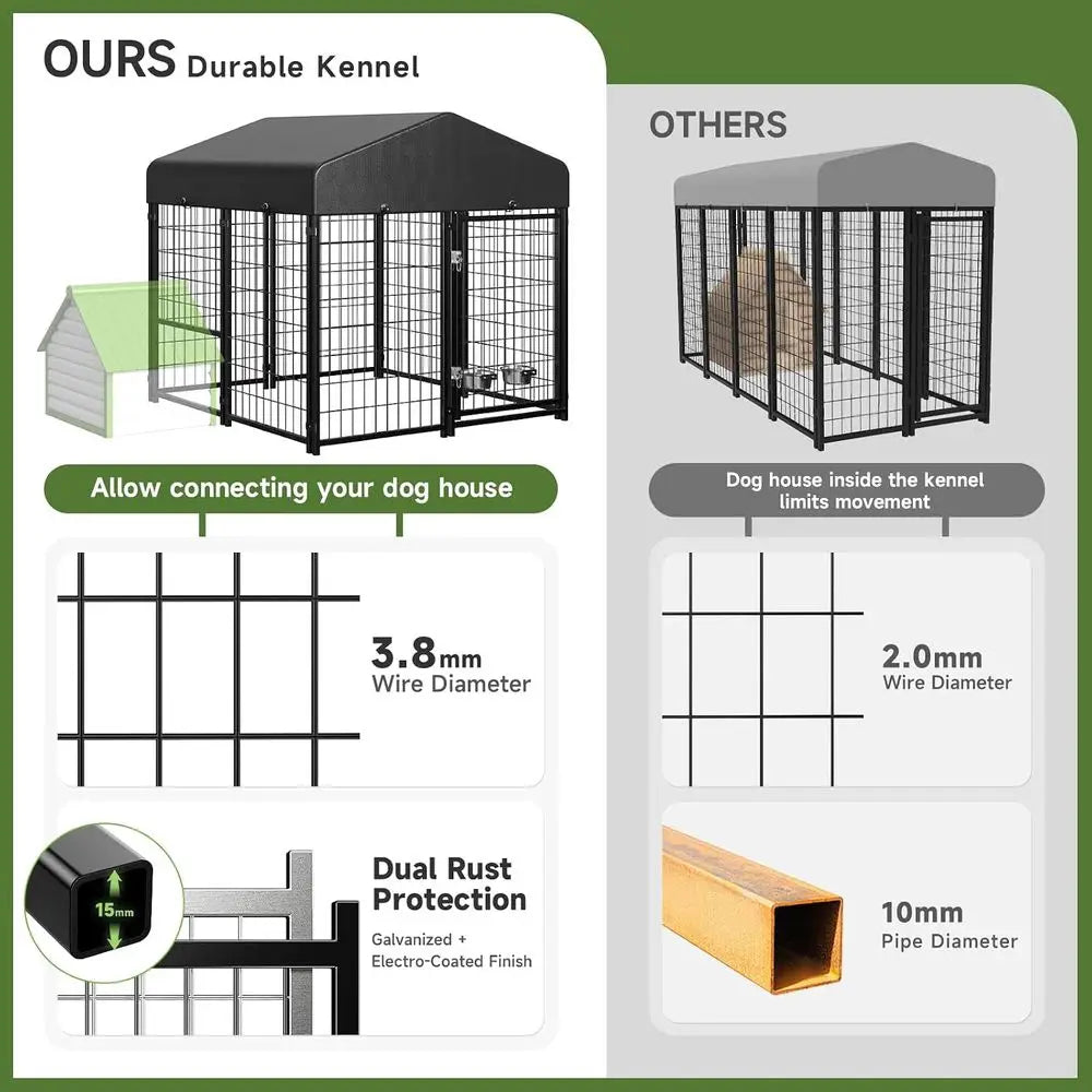 Dog Kennel Outdoor, Outside Dog Kennel with Roof & Swivel Feeders/Removable Doggy Door Allows Connecting Your Dog House, Heavy Duty Door