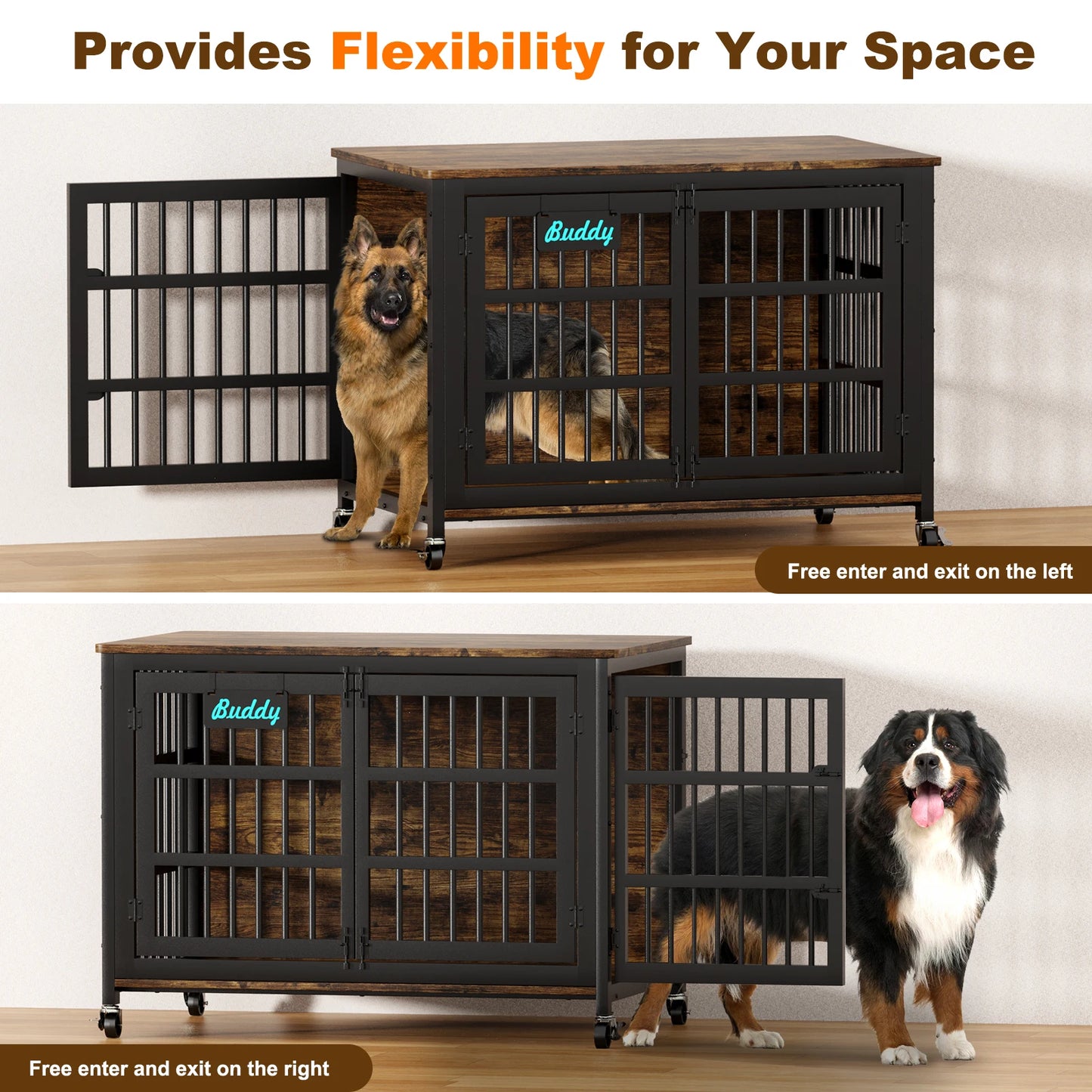 Dog Crate Furniture with Casters, Heavy Duty Dog Kennel Indoor for Large and Medium Dogs, Decorate House as TV Stand, Bedside Table