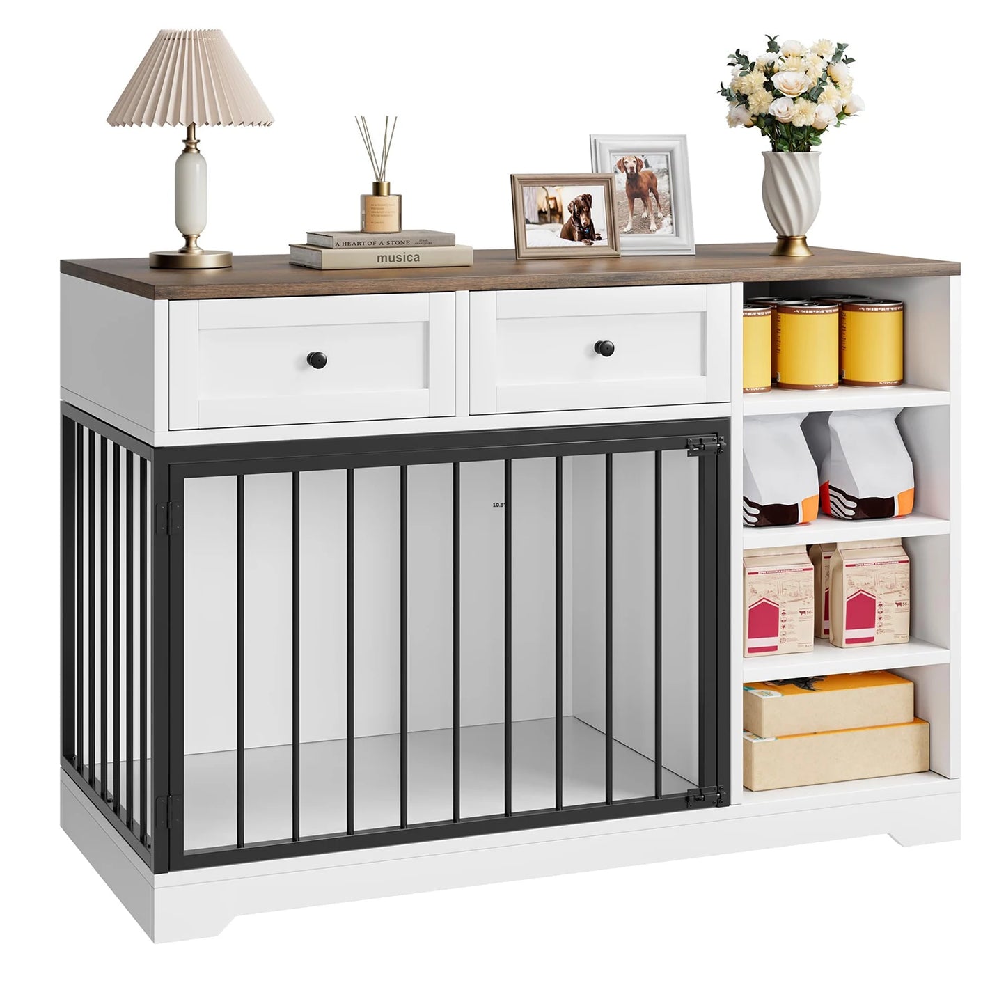 47" Large Dog Crate Furniture TV Stand Vintage Wooden Kennel For Medium Large Dogs Indoor Dog Cage With 2 Drawers & 4 Shelves
