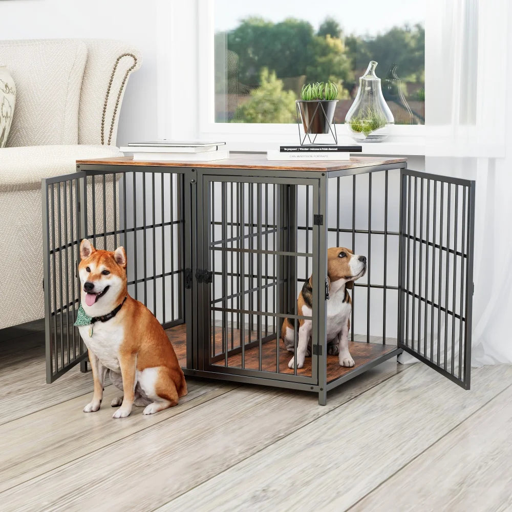 1 Pc Spacious Double Dog Crate with Removable Divider Furniture-Style Kennel Cage Ultra Thick