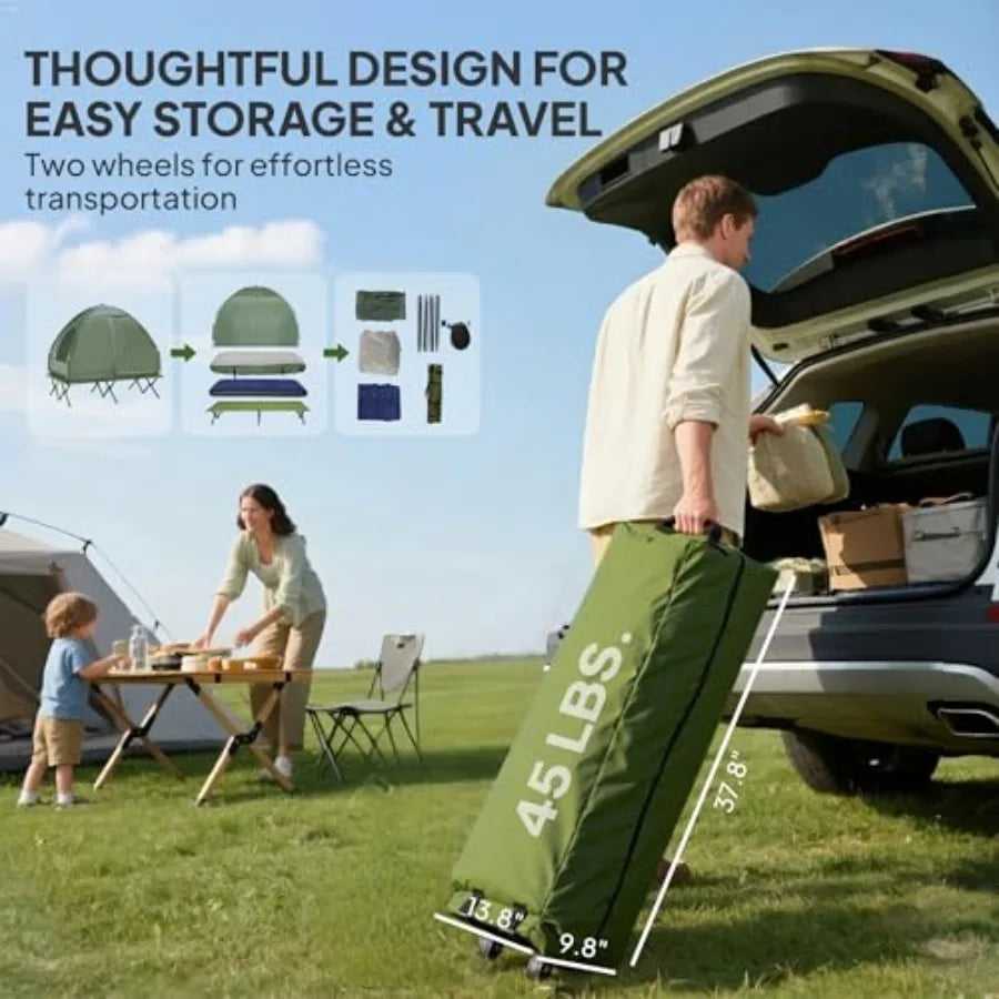 2 Person Cot Tent, 4-in-1 Elevated Tent Camping Bed Combo with Air Mattress, Bed Cover, Foot Pump, Folding Off Ground Camp Cot