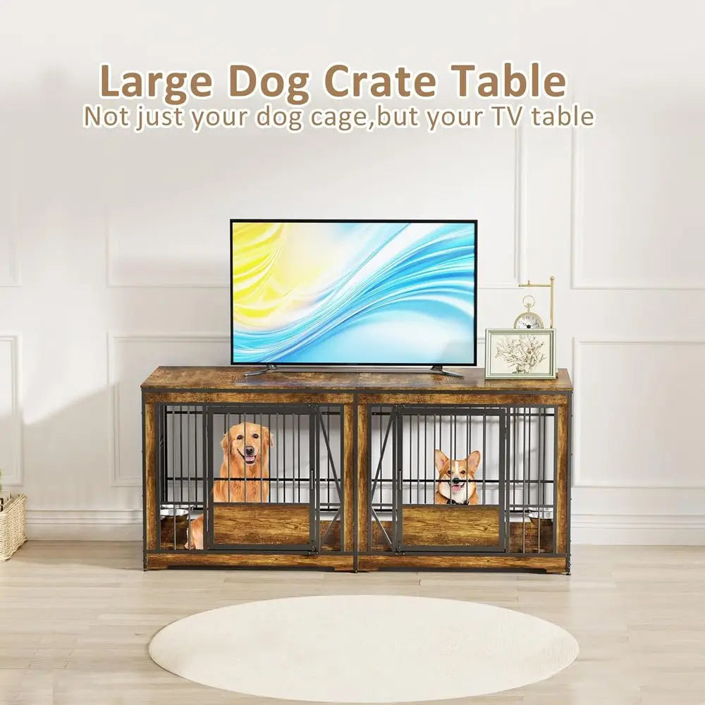 XL Double Dog Crate Furniture, TV Stand with Adjustable Divider, 4 Bowls, Suitable for Medium to Small Breeds, Brown