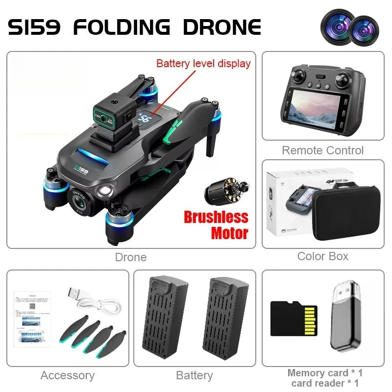 S159 GPS Drone 8K HD Dual Camera With Screen - 360° Obstacle Avoidance, Brushless Motor, 5G WiFi FPV Foldable Quadcopter Toy