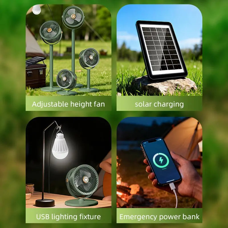 Portable Solar Fan, Multifunctional Camping Fan, Solar Panel or USB Rechargeable Fan, 5 Wind Speeds, 4 Adjustable Heights Floor Fan/Table Fan, Can Charge Mobile, Suitable for Indoor and Outdoor Activities and Emergencies.