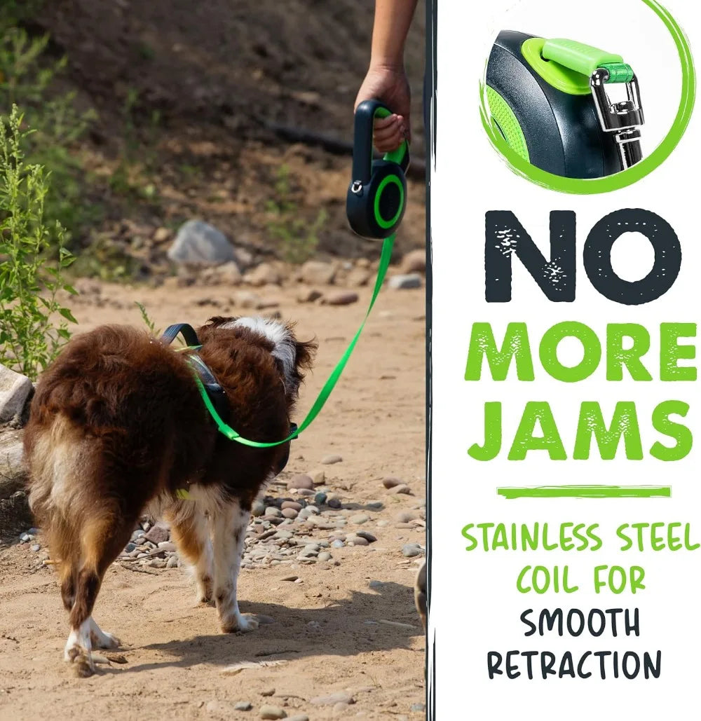 Retractable Dog Leash 16ft Heavy Duty Reflective Nylon for Small & Medium Dogs, Tangle-Free with Quick-Lock Brake & Anti-Slip Handle (Green/Lite)