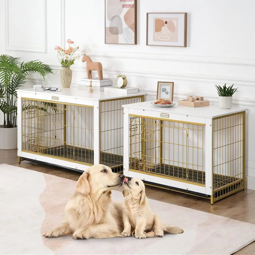 Dog Crate Furniture, 38.6" Large Dog Kennel Indoor, Wooden Cage with Pull-Out Tray, Double Doors Pet House Side End Table for Large Dog