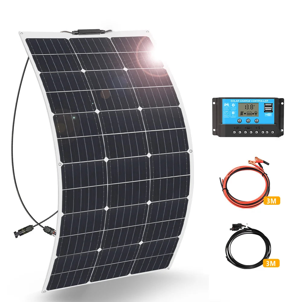 200W Solar Panels 100W Solar Panel 12V Solar Panel Kit 300W Flexible Solar Battery for RV Boat Cabin Tent Car Trailer Battery