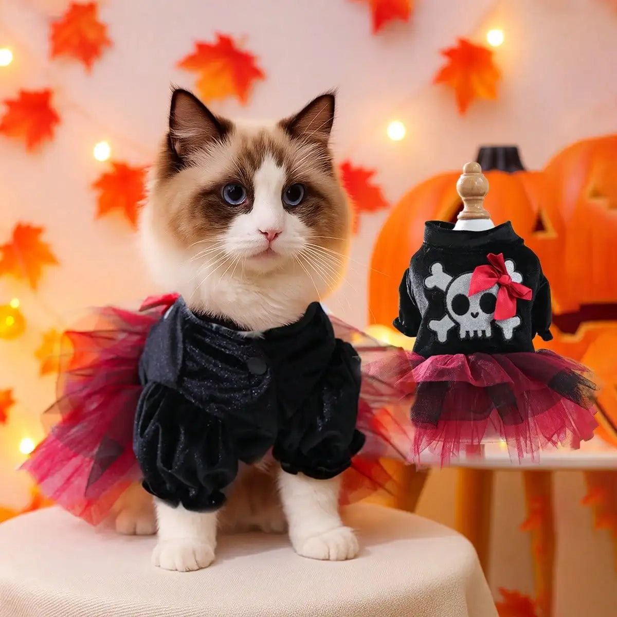 Pet Halloween Dress Bow Skull Pattern Puppy Girl Tulle Dress Pet Pirate Costume For Small Dogs And Cats