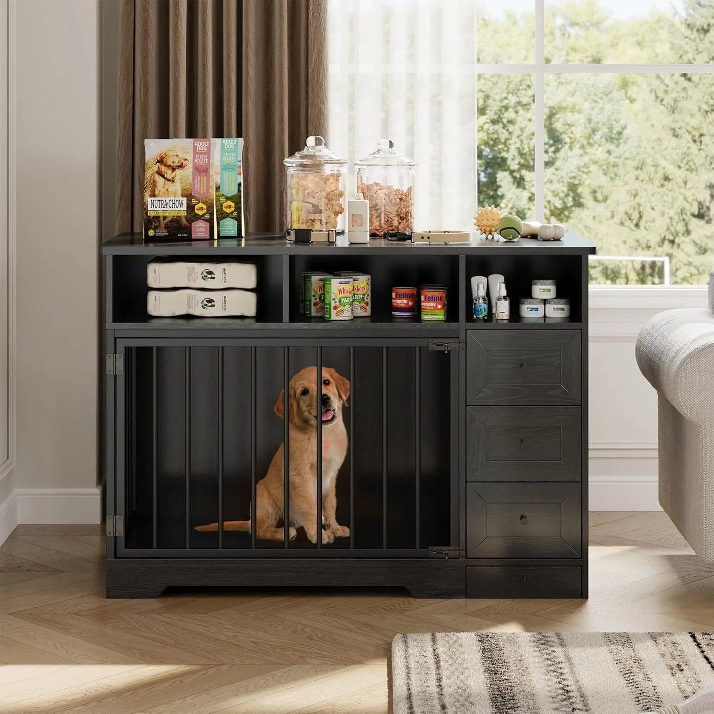 48'' Dog Crate Furniture, Heavy Duty Medium Dog Crate with Bowl & Storage Drawers, Crates for Dogs Indoor End Table Pets Supplies