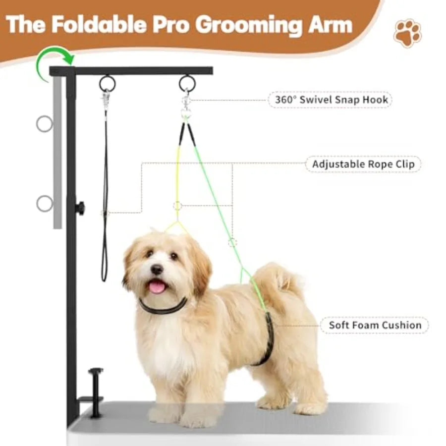 Dog Grooming Table Arm, 31.5"-43.3" Adjustable Pet Stand with Hammock and Clips 3-in-1 Grooming Kit for Nail Trimming, Haircut