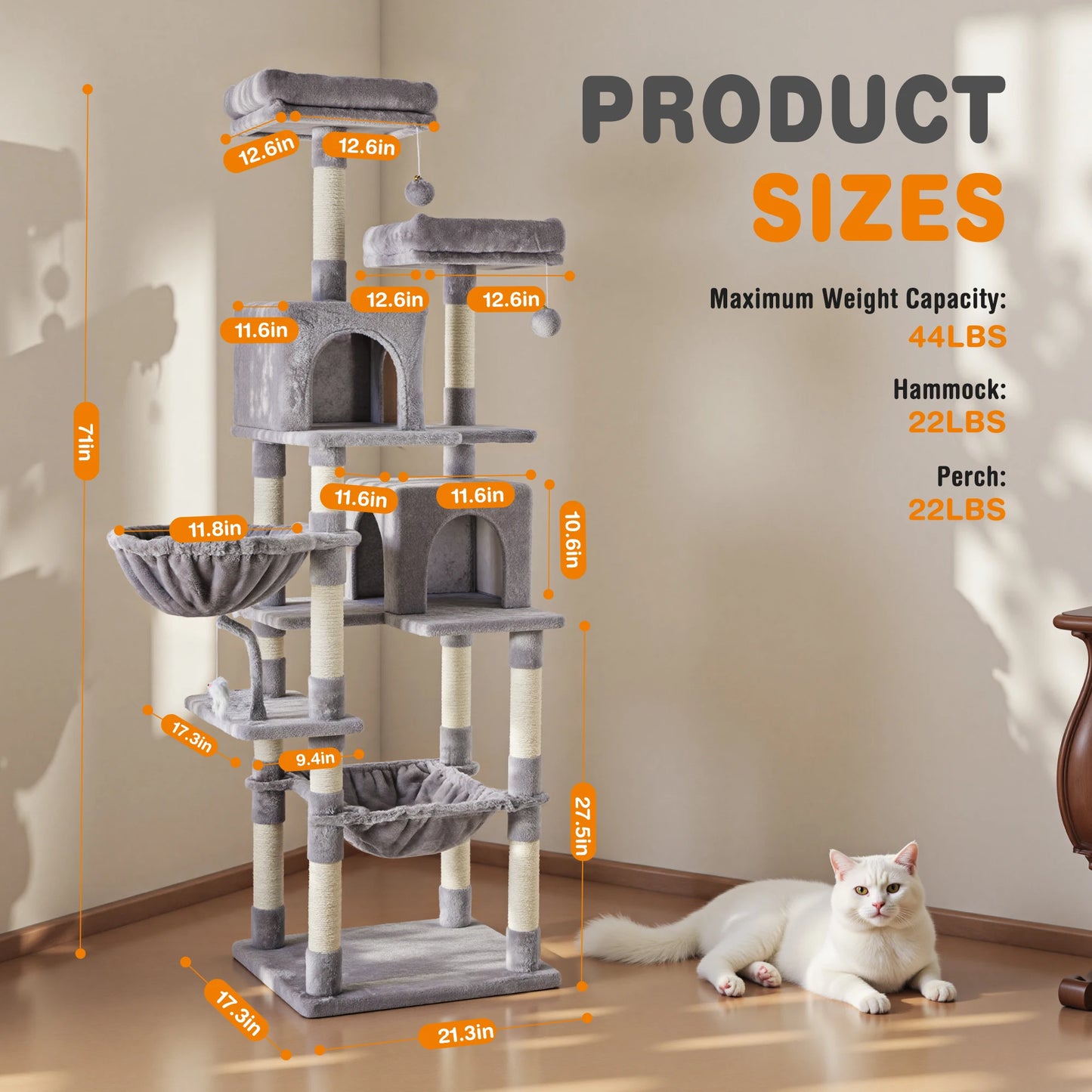 71 Inch Cat Climbing Tower Natural Sisal Scratching Posts, Multi-Level Cat Tree Tower with Condo Pet House for Indoor Cats
