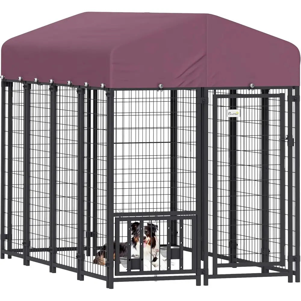 Outdoor Dog Kennel with Roof, 8' x 4' x 6' Heavy Duty Welded Wire Dog Playpen Enclosure with Escape-Proof Lock, Adjustable Bowls, UV-Protected Roof