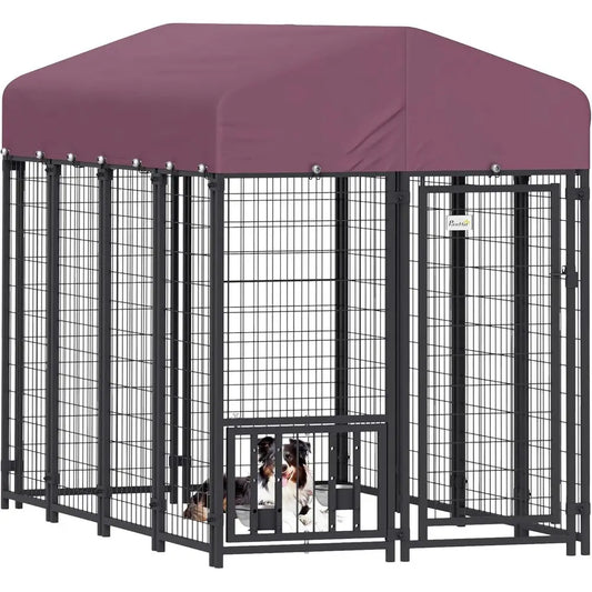 Outdoor Dog Kennel with Roof, 8' x 4' x 6' Heavy Duty Welded Wire Dog Playpen Enclosure with Escape-Proof Lock, Adjustable Bowls, UV-Protected Roof
