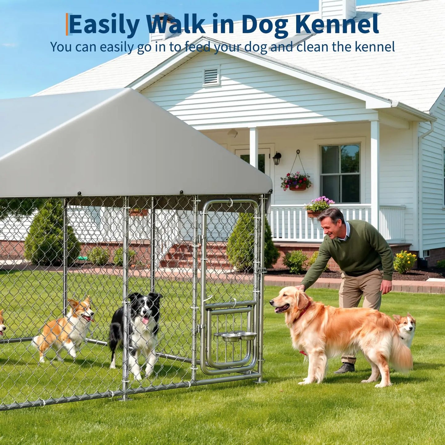 Heavy Duty 7.5 FT x 7.5 FT x 6.6 FT Outdoor Dog Kennel With Roof Cover, Lockable Feeding Door Dog Run For Large Dogs