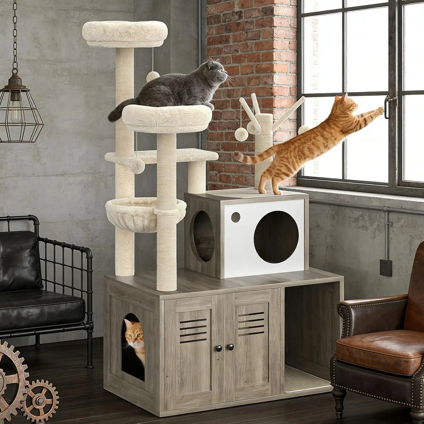 Cat Tower with Litter Box Enclosure, 2-in-1 Modern Cat Tree, 55.1-Inch Cat Condo with Scratching Posts, Hidden Litter Cabinet, Hammock & Perches, Engineered Wood, Indoor Use