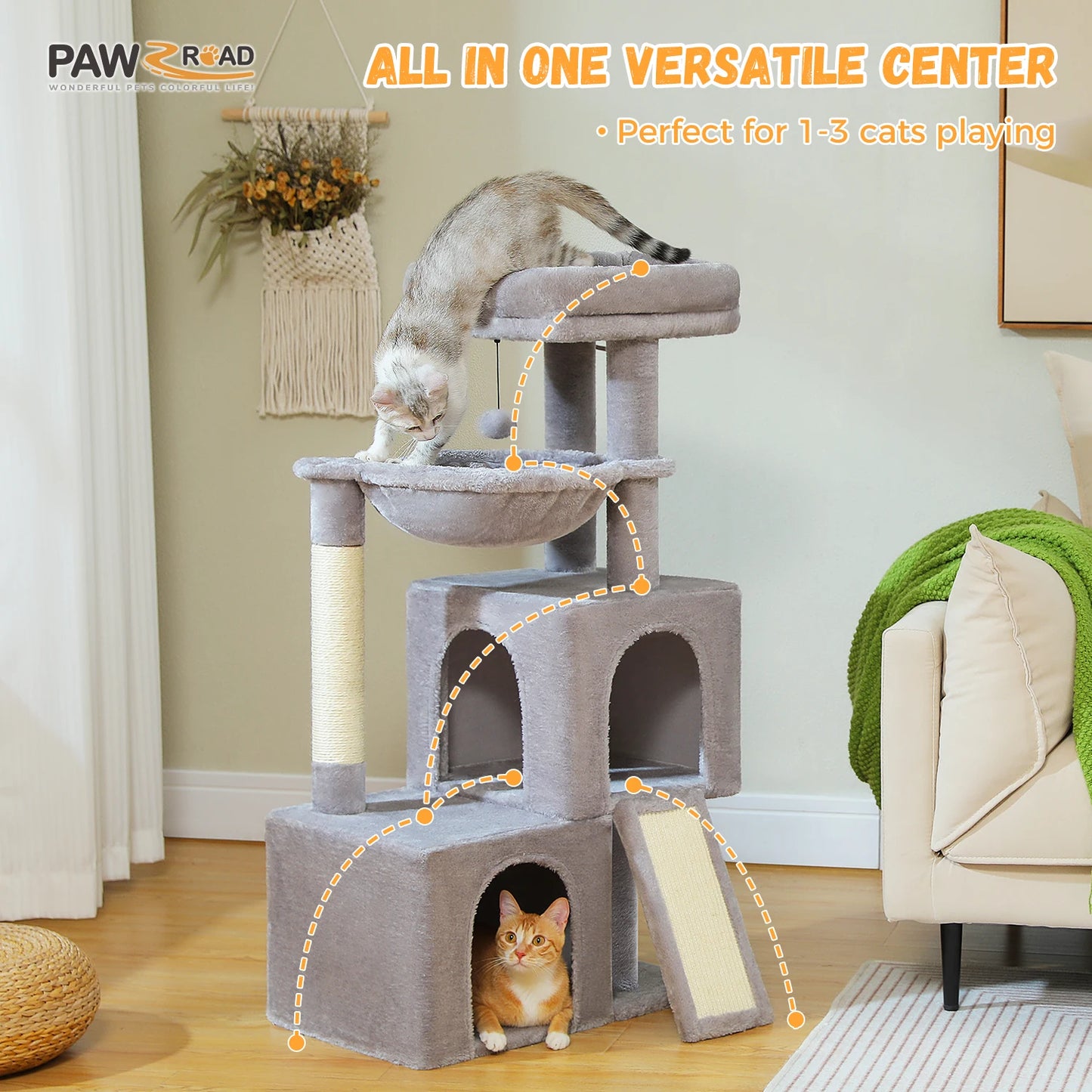 Cat Tree with Natural Sisal Scratching Post, Comfortable Condo, Spacious Top Perch, Cat Accessories, Toy, Cat Tower for Indoor Cats