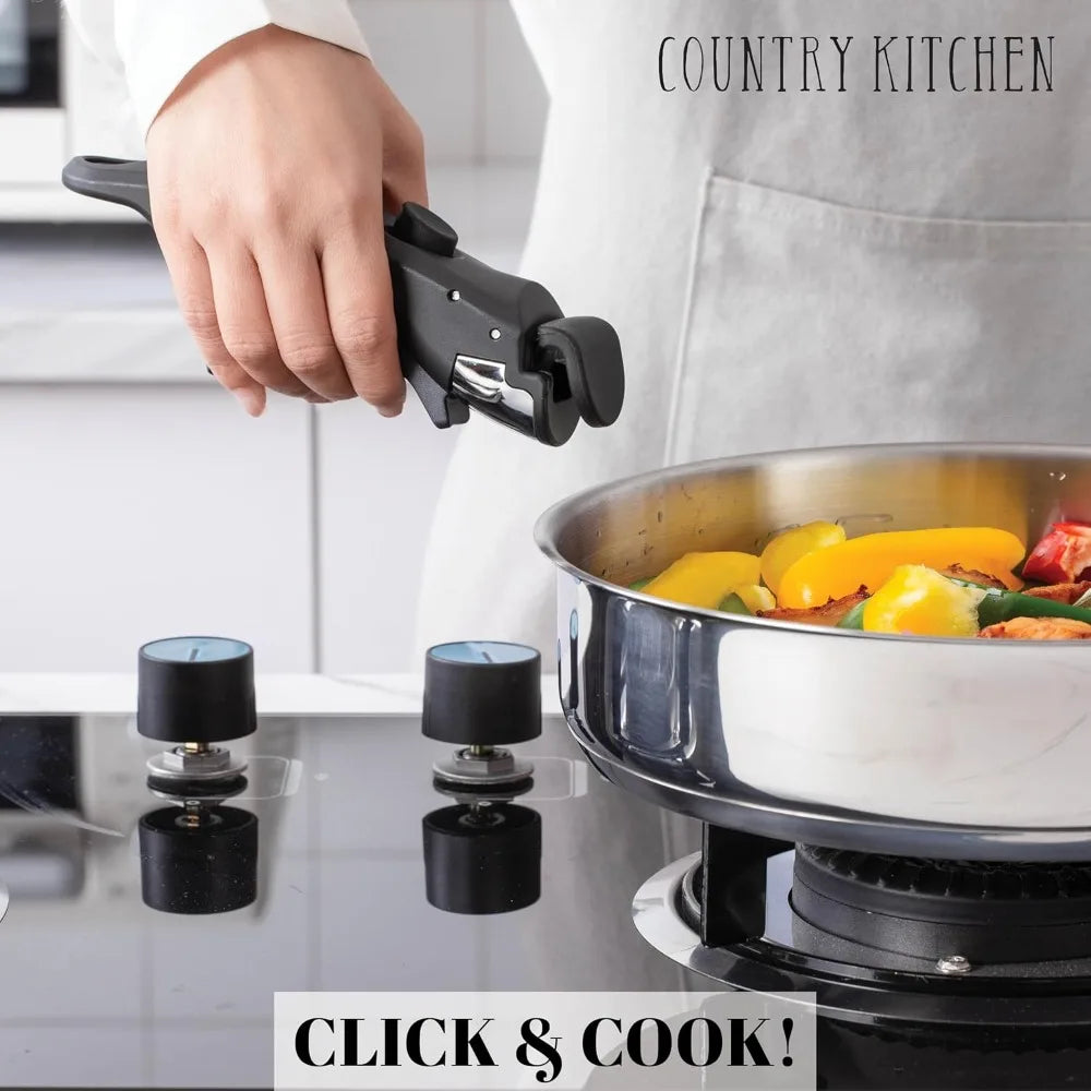 Country Kitchen Cookware Set with Removable Handle, Oven & RV Safe Pots and Pans Set, Stainless Steel